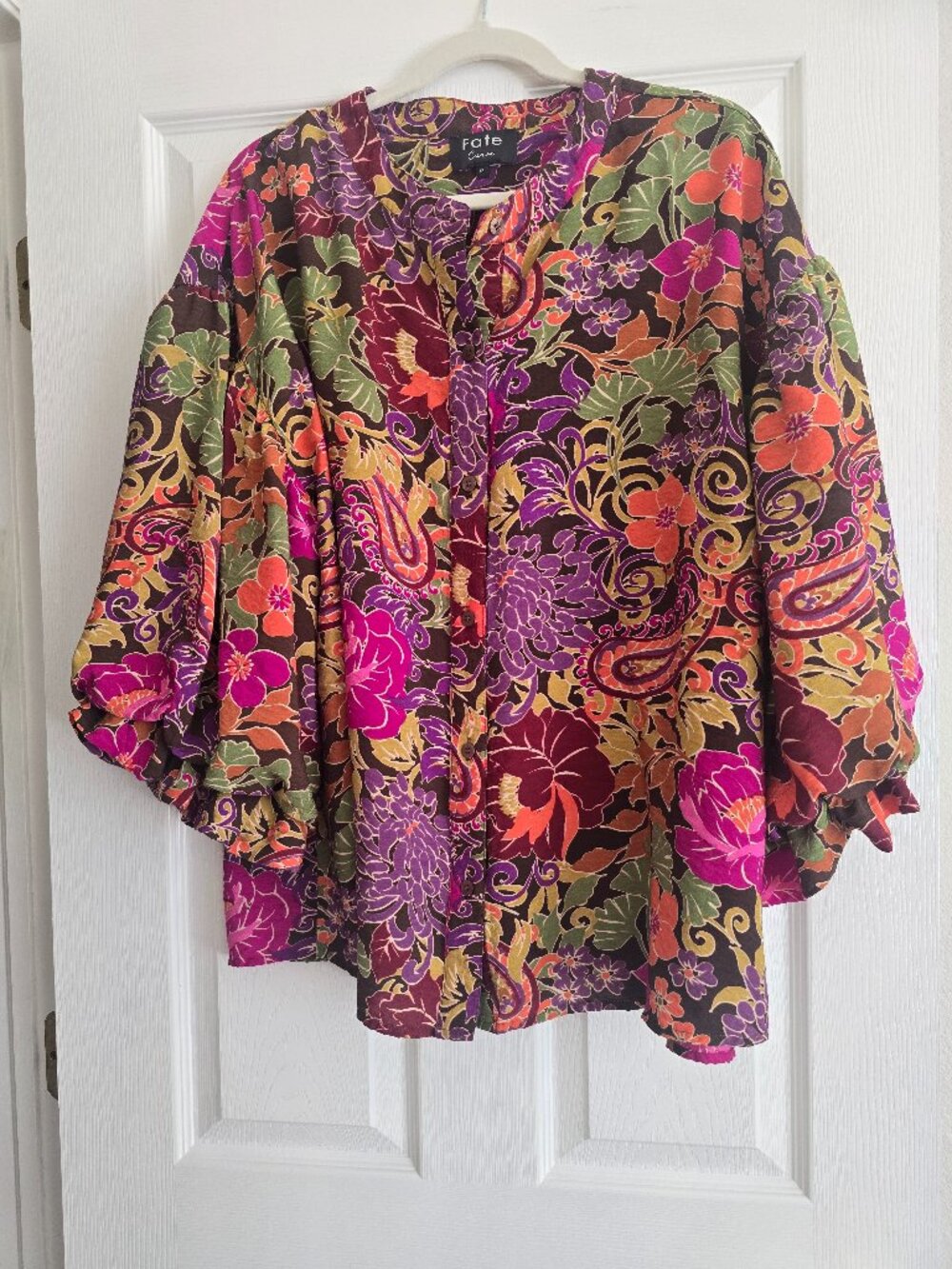 Fate Purple/Orange/Green Button-down Blouse 1X